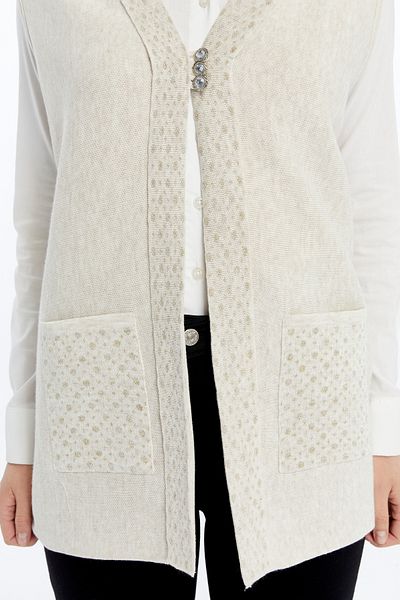 larocci Women's Standard V-Neck Edge Glitter Detailed Pocket Mother Vest
