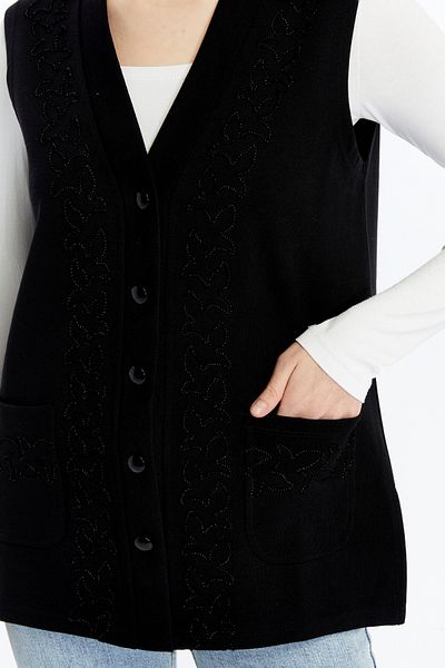 larocci Women's Standard V-Neck Edge Glitter Thread Crimp Embroidered Pocket Mother Vest