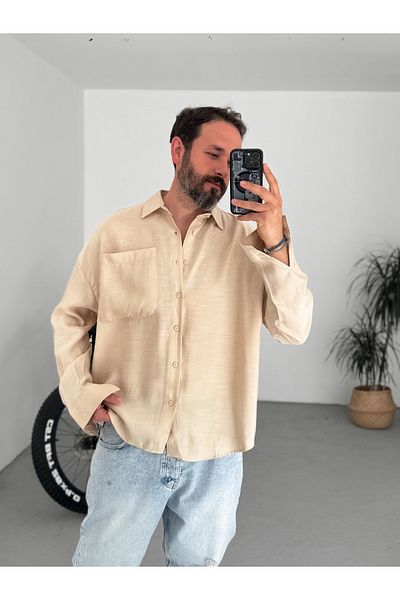 BYBASICMAN Beige Single Pocket Oversize Shirt B-1087