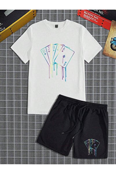 PENTHİLUS Men's 2-Piece Set, T-Shirt and Shorts, Round Neck, Simple and Fashionable, Card Game Print