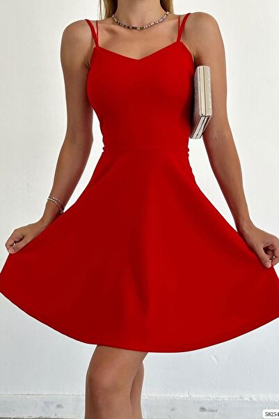 Deafox Red Thin Strap Back Detail Imported Crepe Fabric Dress
