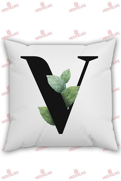 HEDİYELİKS V Letter Alphabet Themed Flower Patterned Gift Pillow