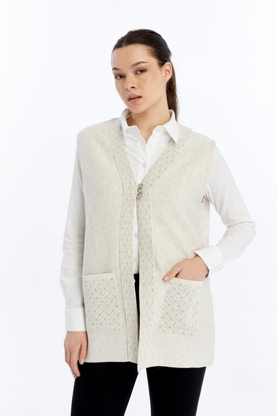 larocci Kadın Standart V Yaka Kenarı Sim Detaylı Cepli Anne Yelek