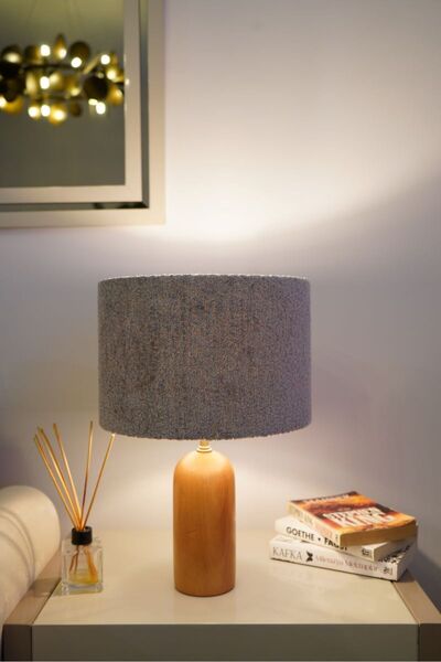 retro home design Ahşap Ayaklı Dokuma Gri Şapkalı El Yapımı Abajur Masa Lamba...