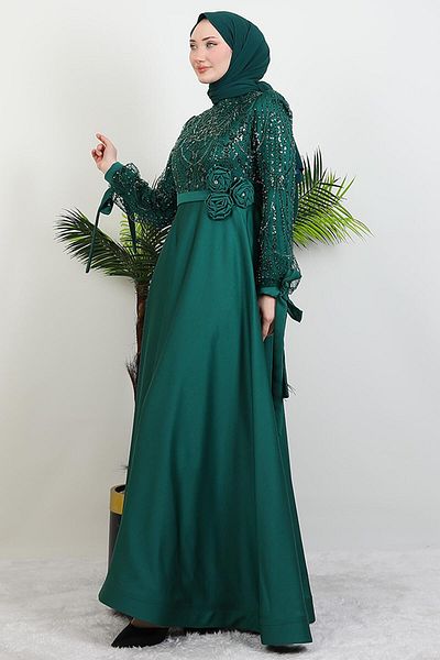 GİYZAMİLA Βραδινό φόρεμα με ροζ ζώνη Emerald