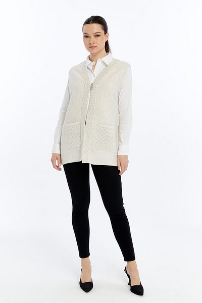 larocci Women's Standard V-Neck Edge Glitter Detailed Pocket Mother Vest