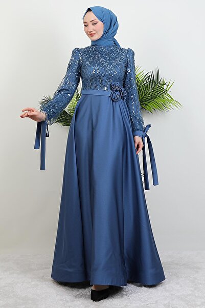 GİYZAMİLA Gül Kemerli Abiye İndigo