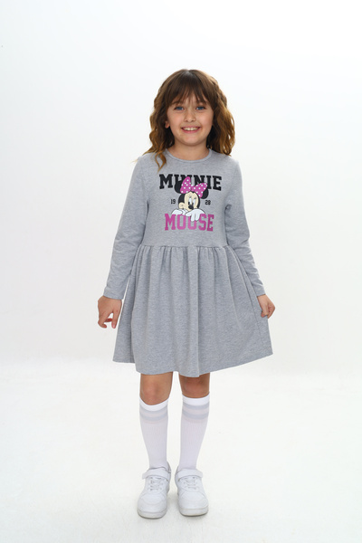 Sevimli Kız Çocuk Elbise Miki Mouse Baskılı Uzun Kollu