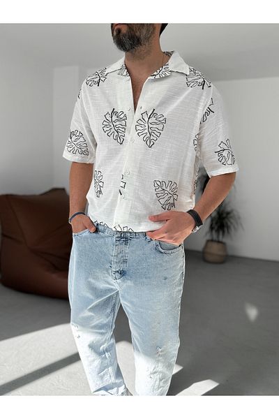 BYBASICMAN White Leaf Embroidered Shirt G-5444