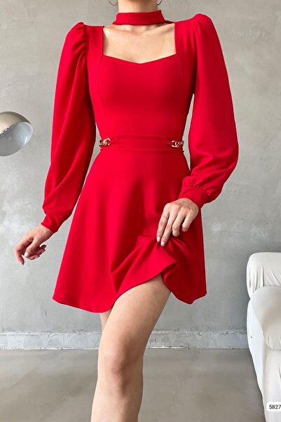 Deafox Sukienka z długim rękawem i czerwonym łańcuszkiem z kołnierzykiem z okienkiem. Importowana tkanina krepowa