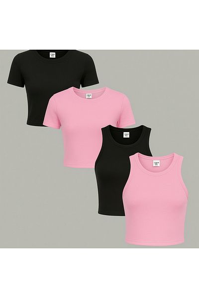ÖZ PAMUK Tricou tricotat pentru femei, 4 bucăți, 100% bumbac, cu gâtul turn, bluză crop