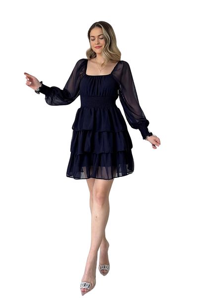 Modasultan Square Neck Gimped Layered Short Chiffon Dress