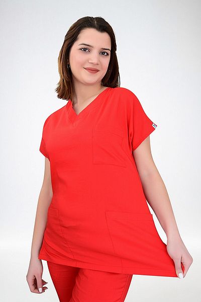 Nur Medikal Giyim Red Lycra Unisex Scrub Set - Bottom and Top Set