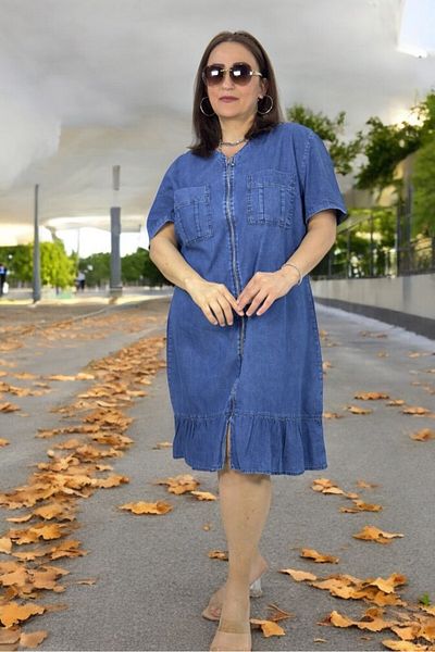 yagmurberen BOYDAN FUSTA CU FERMOAR CU VOLANE CU MÂNECĂ SCURTĂ GULER CĂMĂȘI ROCHIE DENIM MĂRIME MARE