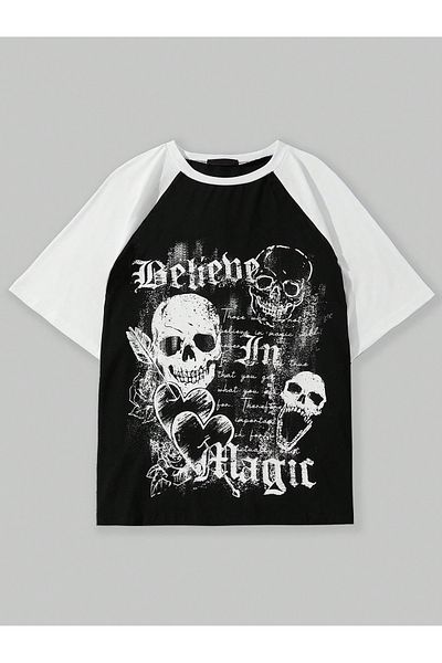 EVIus Unisex Punk Y2K εμπριμέ μπλουζάκι Raglan με κοντό μανίκι