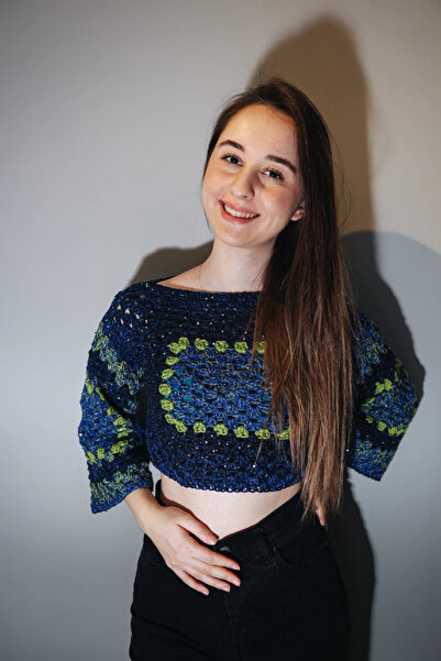 Talinhandmade Lacivert Örgü Crop Kazak