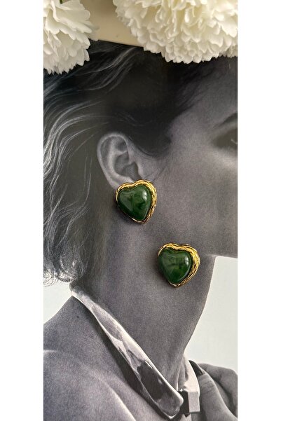 KAD COLLECTION Vintage Pinterest Steel Earrings with Heart and Green Stone