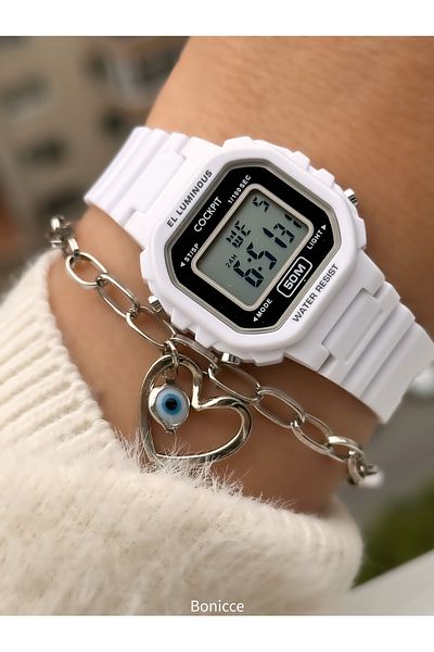 Cockpit Brand White Color Silicone Cord, Luminous, Small Case Digital Sport Women Wristwatch Bracelet