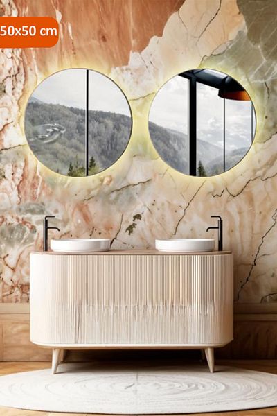 Taimi Pack of 2 Round Backlit LED Mirror, Frameless, Dimmable, Touch Switch, 50CM