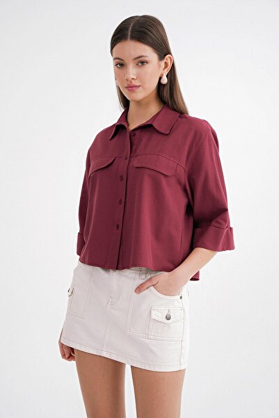 Mixray Women's Short Sleeve Crop Shirt - Burgundy Color