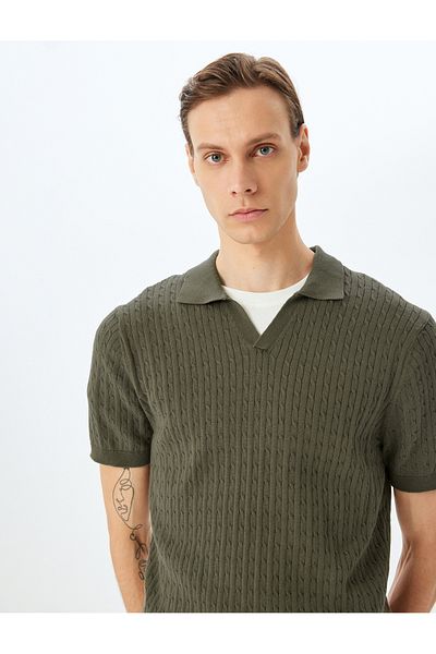 Koton New Season Short Sleeve Cotton Hair Braid Textured Polo Neck Knitwear T-Shirt