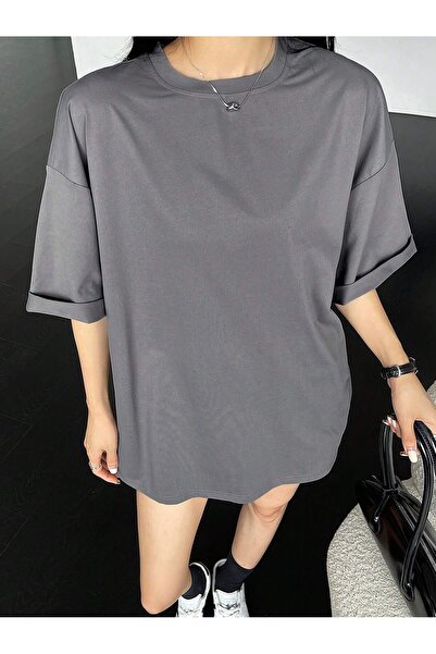 EVIus Oversize Boyfriend Mold ίσιο λαιμόκοψη χτενισμένο βαμβακερό μπλουζάκι