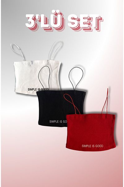 Mood Lab Black-Red-White Women's Crop Tank Top 3 Pack - With Rope Strap