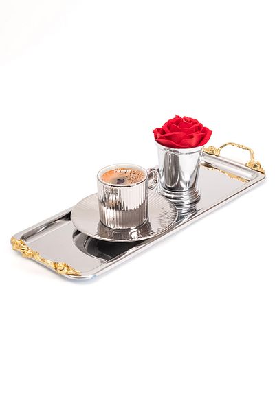 NEWTREND Züccaciye 1Bblux Silver Baton Tray Lina Handle Model Stainless Steel Tea, Coffee, Service Presentation Tray