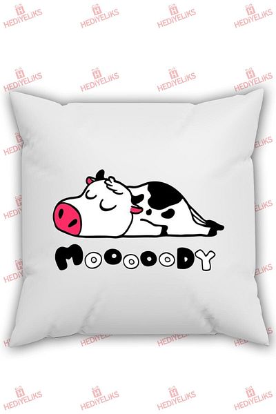 HEDİYELİKS Sleep Themed Moody Written Sleep Themed Gift Pillow with Cow Figure