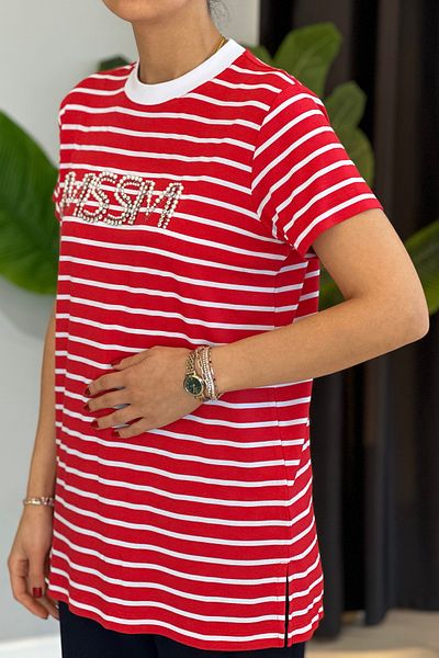 Missemramiss Red Stone Striped Tshirt Tunic 4734