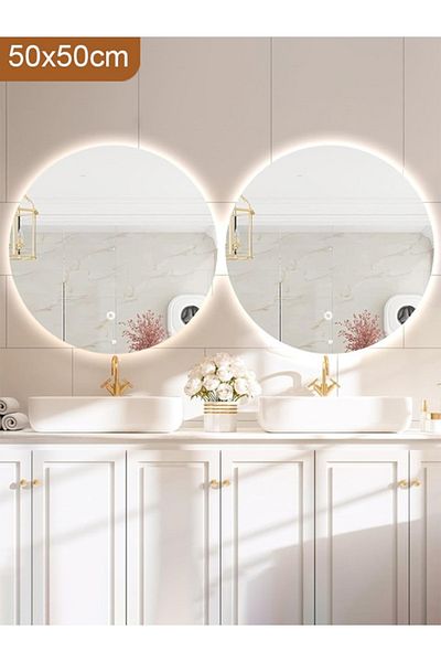 Taimi Pack of 2 Round Backlit LED Mirror, Frameless, Dimmable, Touch Switch, 50CM
