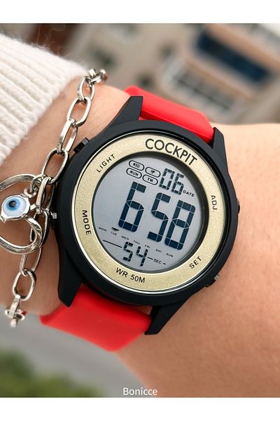 Cockpit Brand Red Color Silicone Cord, Luminous, Digital Sport Women Wristwatch Bracelet