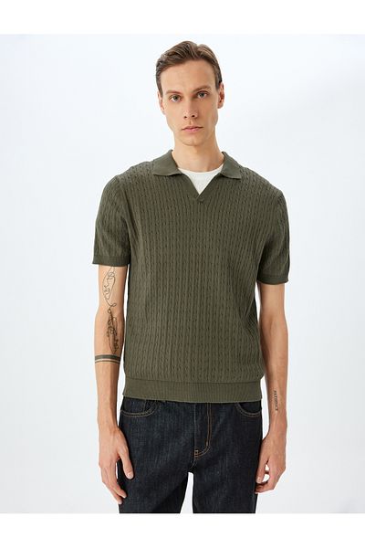 Koton New Season Short Sleeve Cotton Hair Braid Textured Polo Neck Knitwear T-Shirt