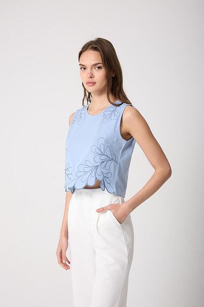AMİDA Bluză de damă cu broderie albastră, cu design brodat, tăiată cu laser - 2513