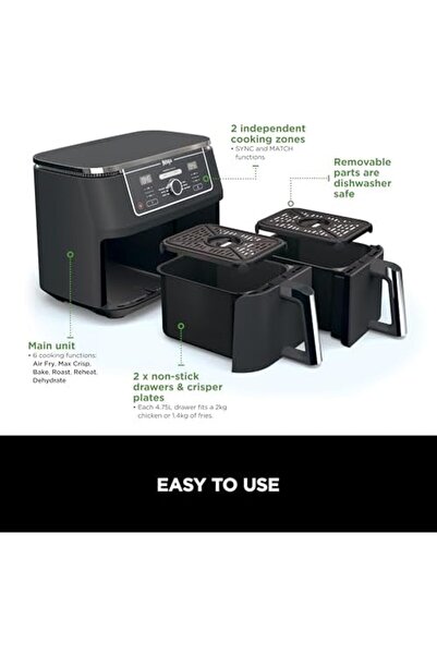NINJA Foodi MAX Dual Zone Digital Air Fryer, 2 Drawers, 9.5L, 6-in-1, Uses No Oil, Air Fry, Crispy