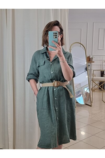 pudubutik فستان كاكي كتان بحزام إيطالي