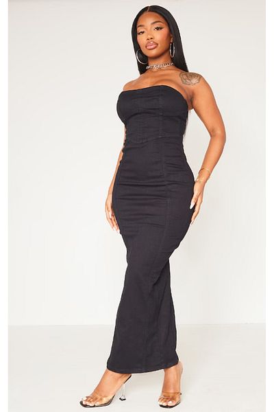 Şans Women's Plus Size Black, Denim Stitching Detail, Back Slit Stretchy Evening Jeans Dress 65N38946