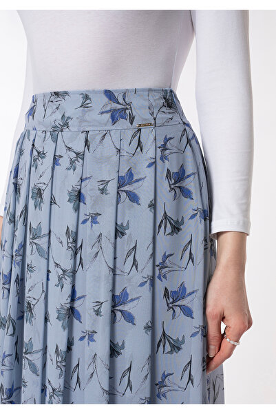 Guzella Premium Desenli Şifon Denim Rengi Max-midi(90CM) Boy Pileli Etek