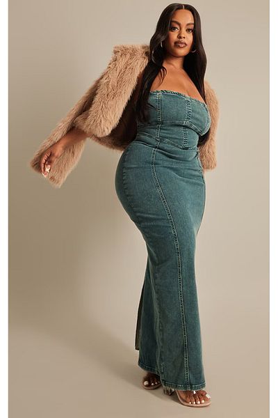 Şans Rochie de damă, albastră, mărime mare, cu cusături din denim, rochie elastică din denim cu fantă în spate 65N38946