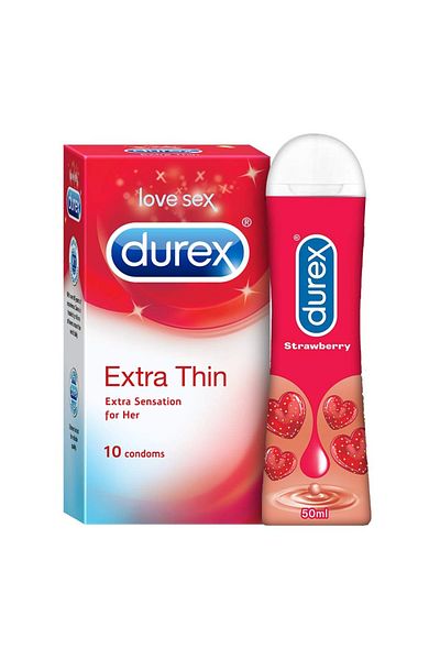 Durex Extra Thin Condoms 10 Count + Strawberry Flavoured Water-Based Lubricant Gel 50ml Combo