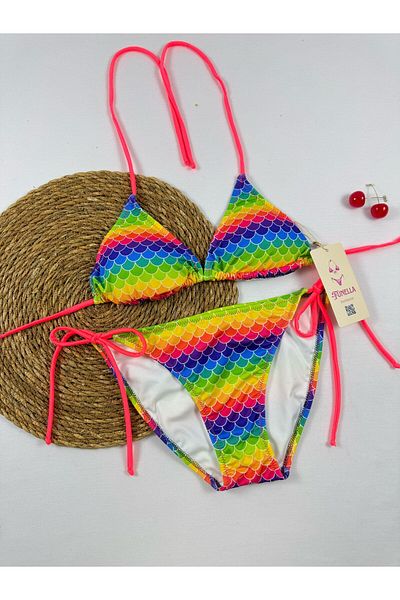 FUNELLA Stylish Women's Bikini Set with Fish Pattern Side and Neck Tie