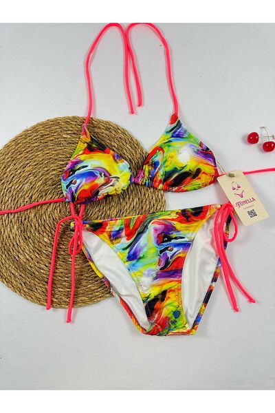 FUNELLA Stylish Women's Bikini Set with Tie-Dye Patterned Side and Neck Tie