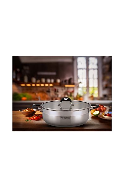 Arshia High-quality Stainless Steel Cooking Pot Low With Two Lids. Capacity: 28 Cm.