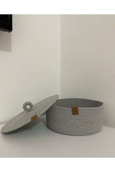 Sevdam Sepet Gray Flat Lid Multi-Purpose Basket, Decorative Basket, Cotton Basket, Wicker Basket, Rope Basket