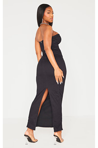 Şans Women's Plus Size Black, Denim Stitching Detail, Back Slit Stretchy Evening Jeans Dress 65N38946