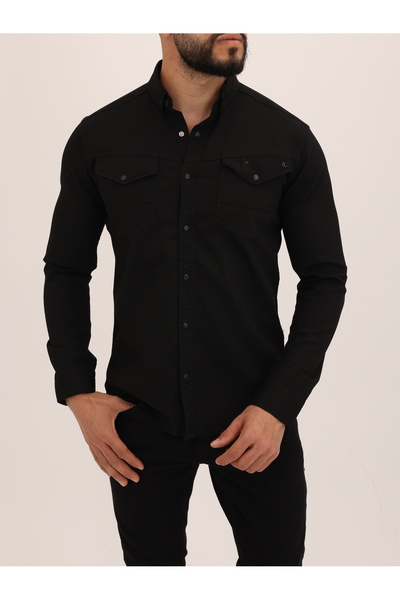 cliento Slim Fit Likralı Erkek Cepli Kot Gömlek Siyah