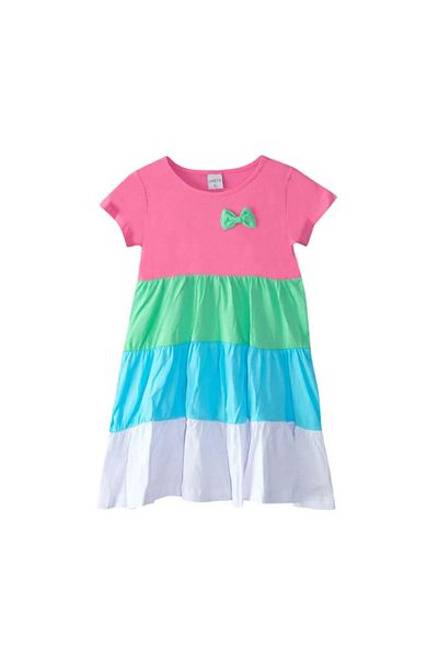 LOVETTI Girl's Candy PinK, White and Layered Colorful Short Sleeve Dress