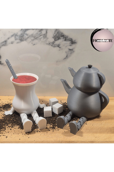FORECASTE Oturan Çay Bardağı, Çaydanlık Figürü ve 3 Adet Küp Şeker Figürü 3'L...