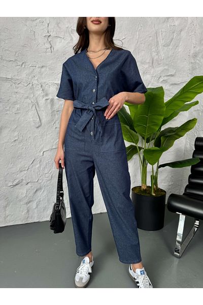 Elif Özbey Butik Salopetă subțire din denim cu talie elastică