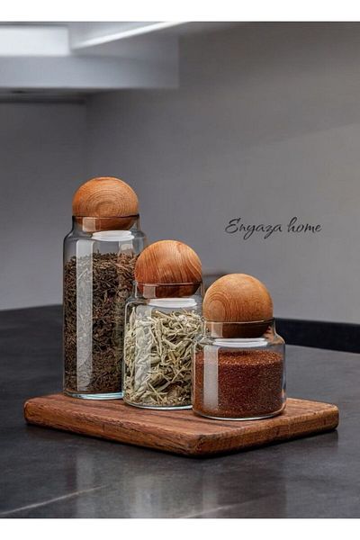 ENYAZA(2024) 3-Piece Glass Jar Set with Wooden Ball Lid Sugar Bowl Snack Bowl Spice Bowl and Storage Container